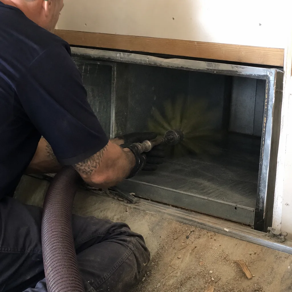 Technician using a rotating brush tool for professional air duct cleaning
