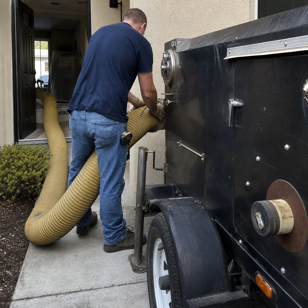 Technician connecting industrial vacuum hose to air duct cleaning machine