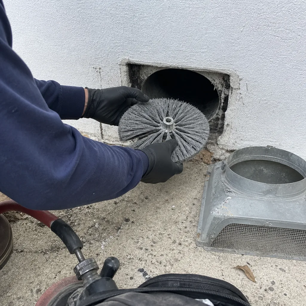 Technician using a rotating brush tool for professional air duct cleaning