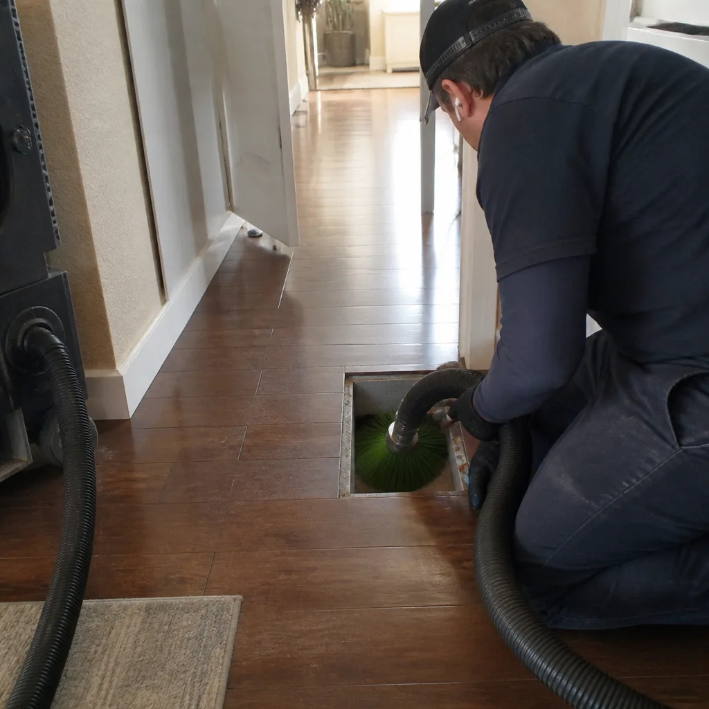 Technician using a rotating brush to clean residential floor air ducts