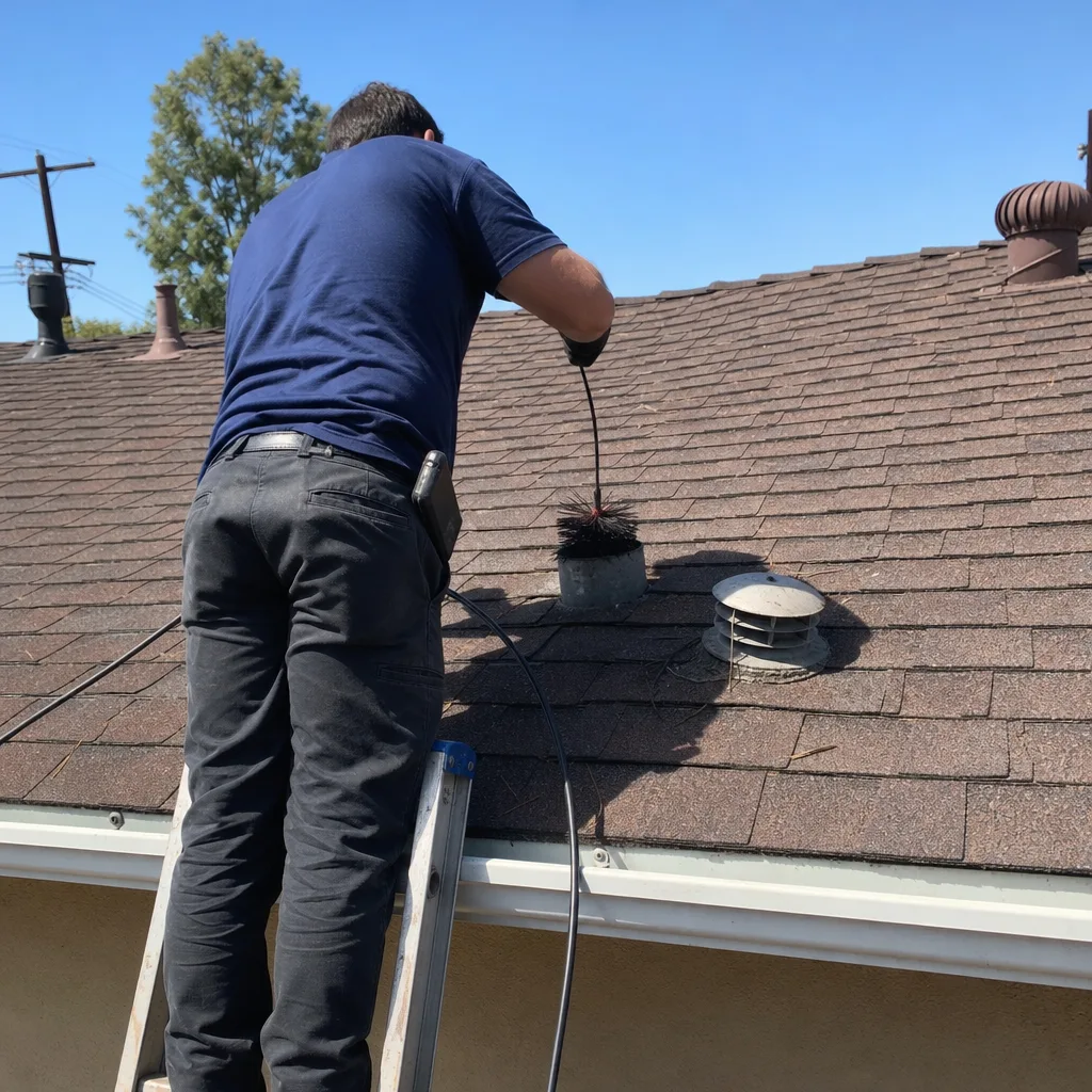 Professional dryer vent cleaning technician on roof using a cleaning brush